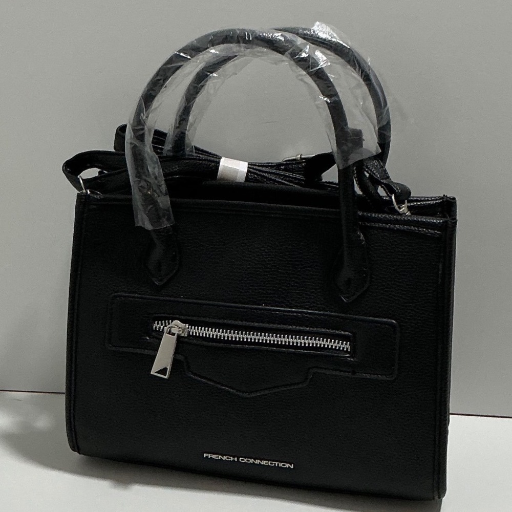 French Connection Womens Black Pebbled Faux Leather Satchel Crossbody Bag